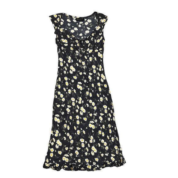 Connected Apparel Daisy Midi Dress Small Dark Navy Floral Polka Dot Retro Ruffle - Picture 1 of 14